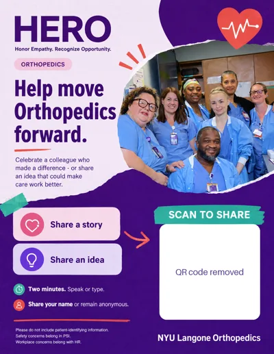HERO Orthopedics campaign artwork inviting staff to share a story or improvement idea.